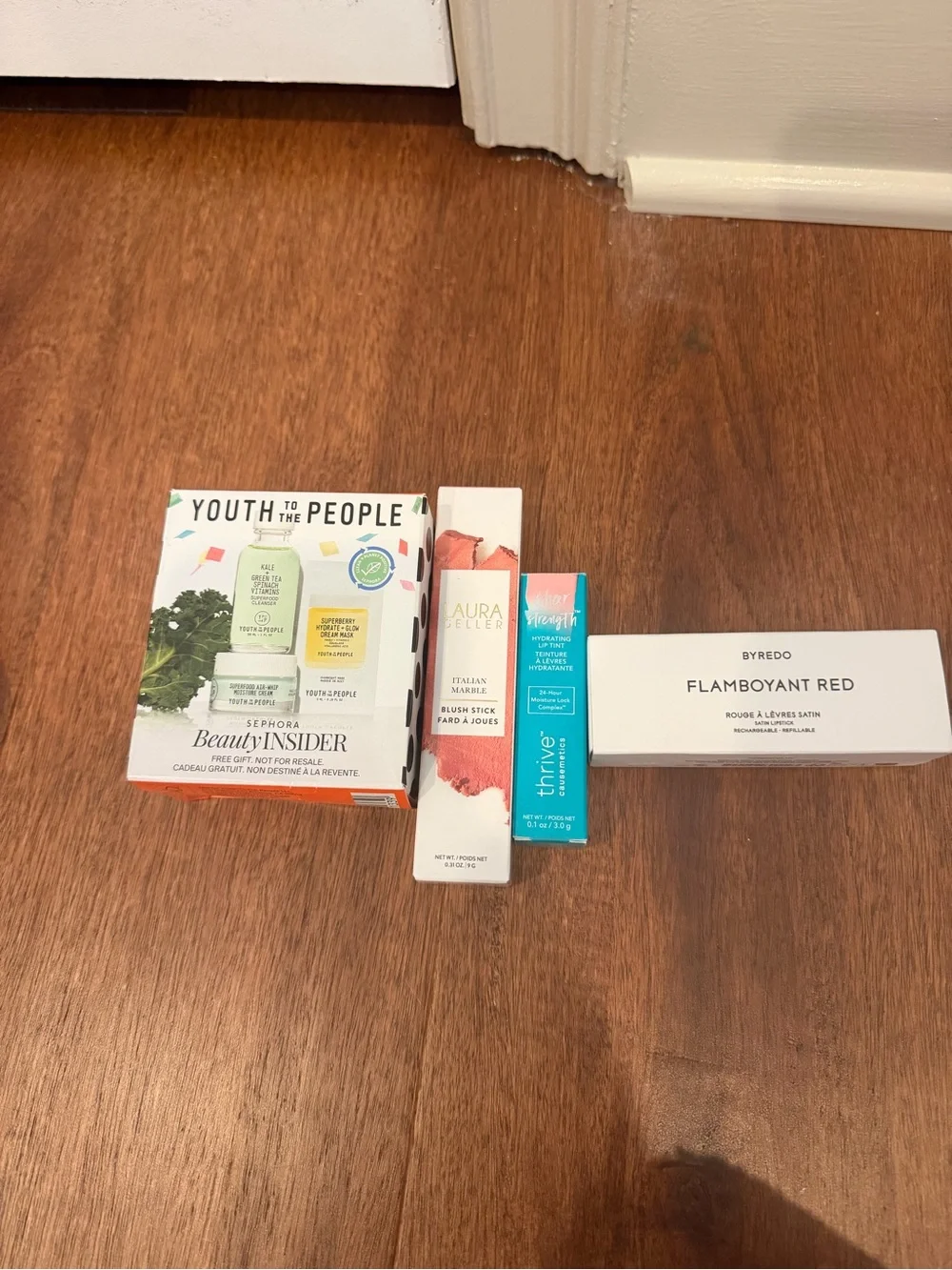Youth to the people set, Laura Geller blush, lippy, thrive lippy, Byeredo red li